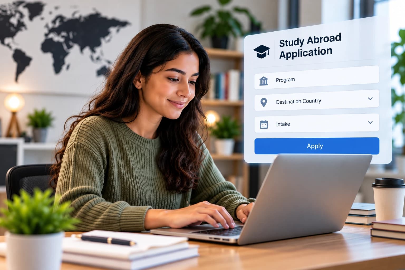 A student filling in a study abroad application on a laptop