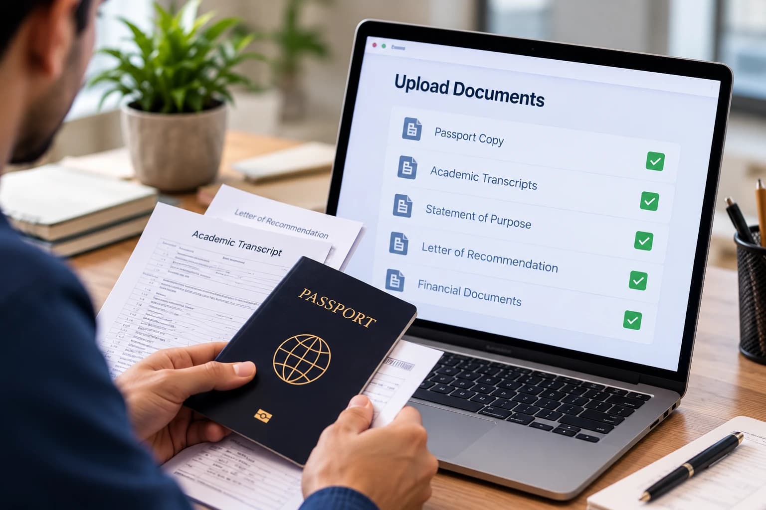 Hands holding a passport and documents next to a laptop with a document checklist