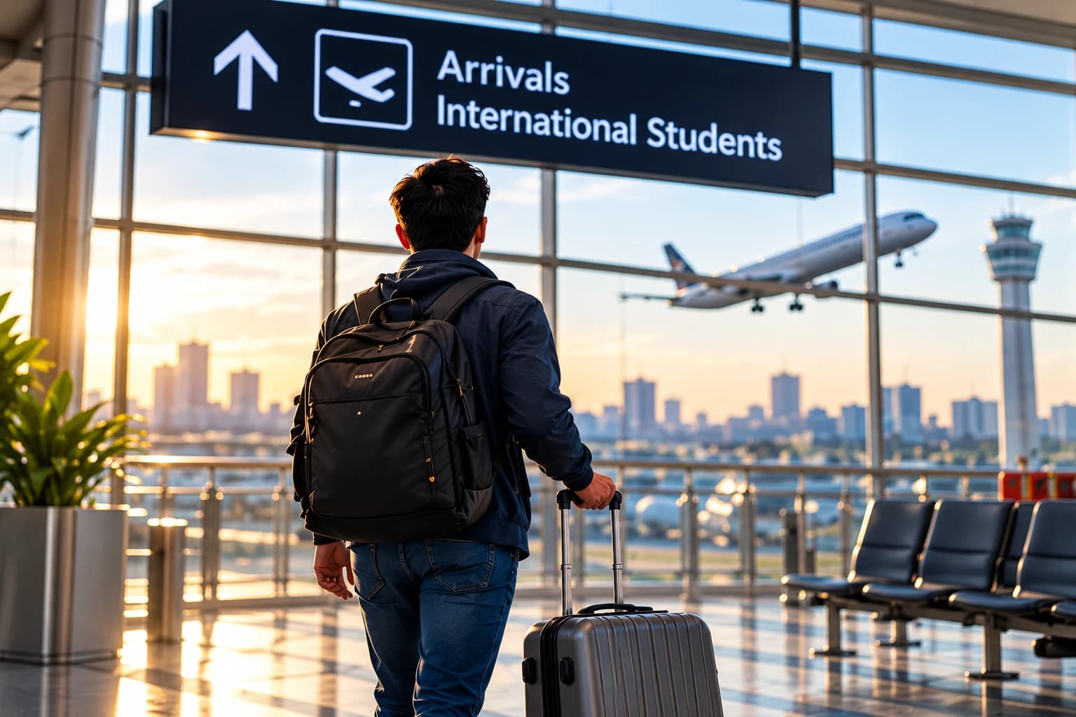 A student with a backpack and suitcase in an airport arrivals hall