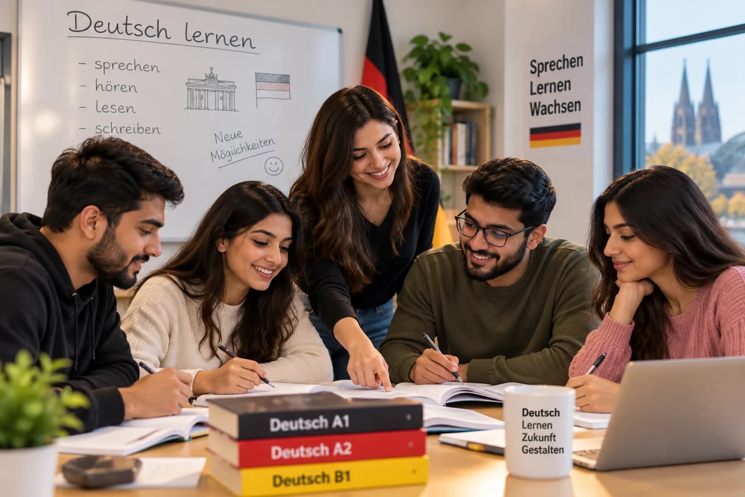 Learners in a German language class and studying with books and a laptop