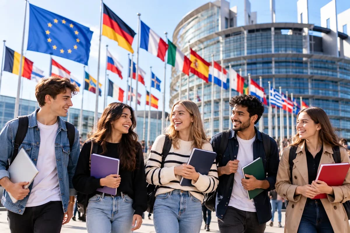 Students with notebooks walking in front of European flags